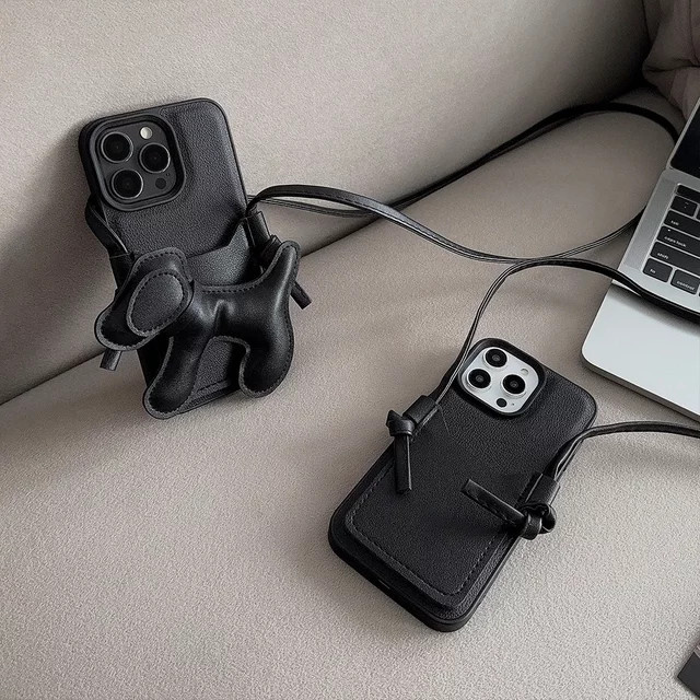 Potdemiel Luxuriöse Umhängetasche mit Lanyard-Halskette und Welpen-Kartenhalter aus Leder als stoßfeste Handyhülle für iPhone 11 bis iPhone 17 Pro Max in Schwarz - Bild 1