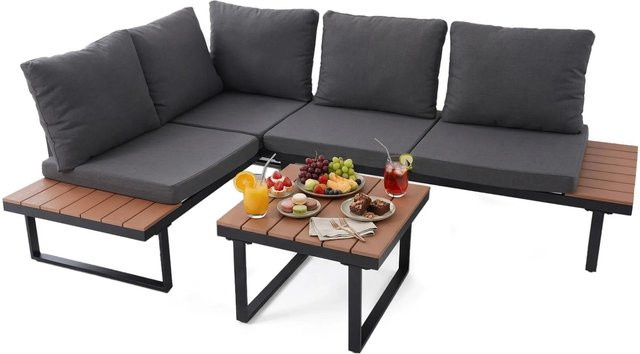 HOMAVO Gartenlounge-Set für 4 Personen in L-Form mit Couchtisch, Polstern und wetterfesten Abdeckungen aus pulverbeschichtetem Stahl und Outdoor-Spezialstoff - Bild 1