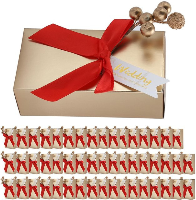 Neoglint Geschenkboxen aus Papier für Hochzeitsgeschenke und Süßigkeiten mit Schleife, Rot/Gold, 50 Stück - Bild 1