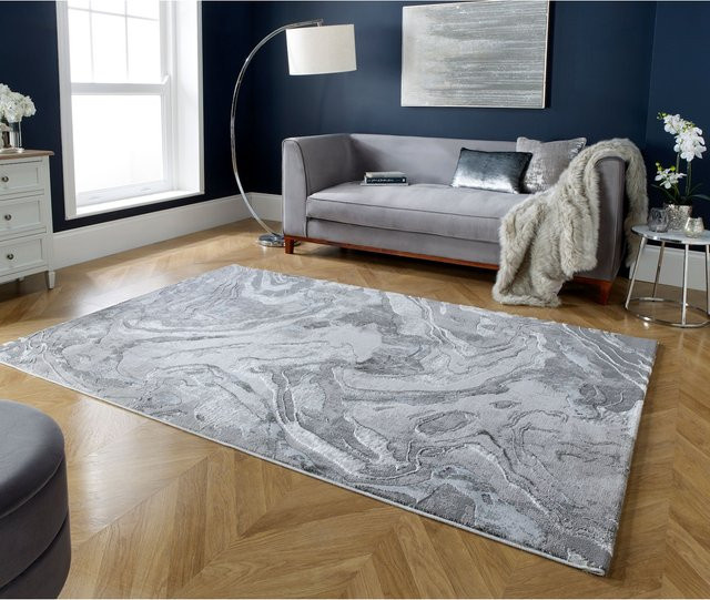 Abstrakt Teppich Kadima Design von OUSE in Silber mit marmorierten Farbwirbeln, B/T: 80 x 150 cm - Bild 1