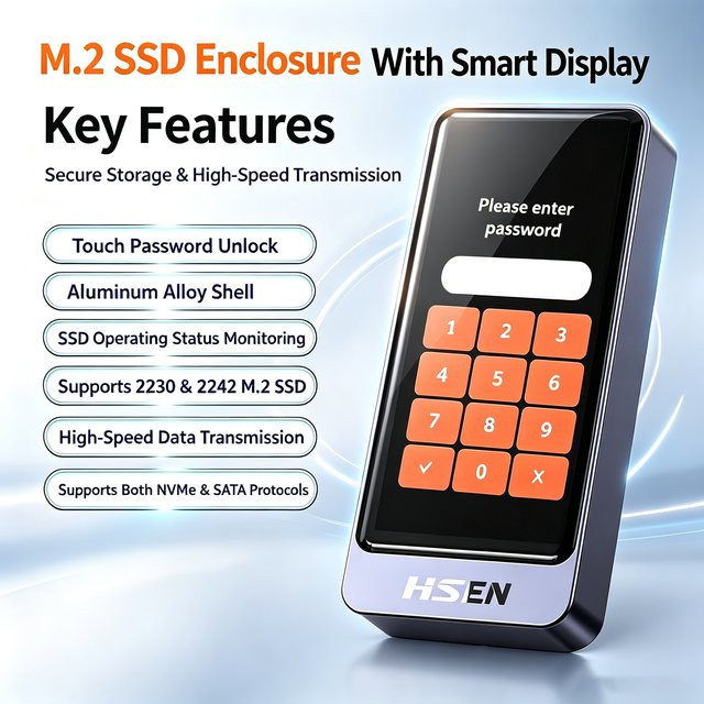 HSEN M.2 SSD Gehäuse aus Aluminium mit Passwortschutz und intelligentem Display, kompatibel mit NVMe und SATA M.2 SSD 2230/2242 - Bild 1