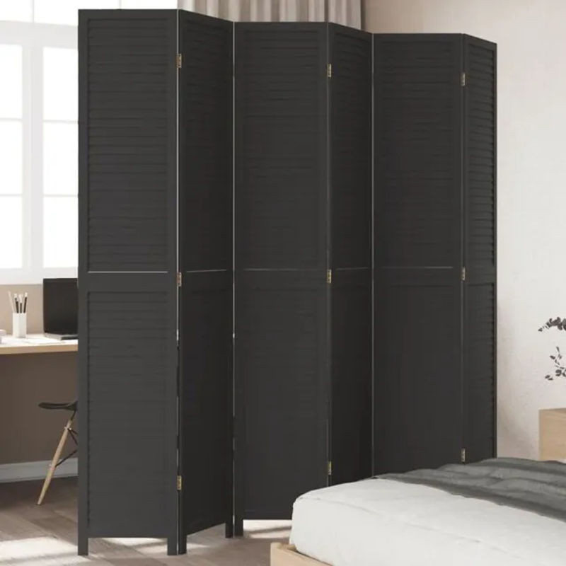 6-tlg. Paravent Vidaxl aus Massivholz Paulownia und Metall in Schwarz, minimalistisches Design, freistehend - Bild 1
