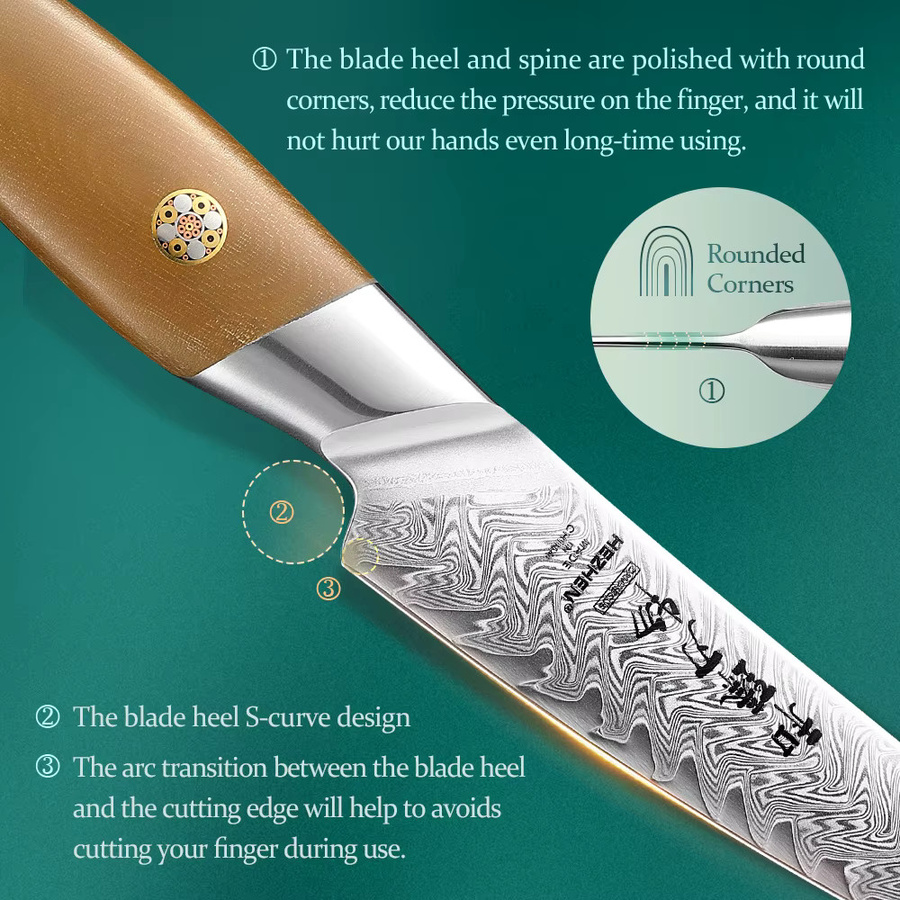 HEZHEN Schälmesser aus Damaststahl mit Leinen Micarta Griff in Braun, Klingenlänge: 10,8 cm - Bild 3
