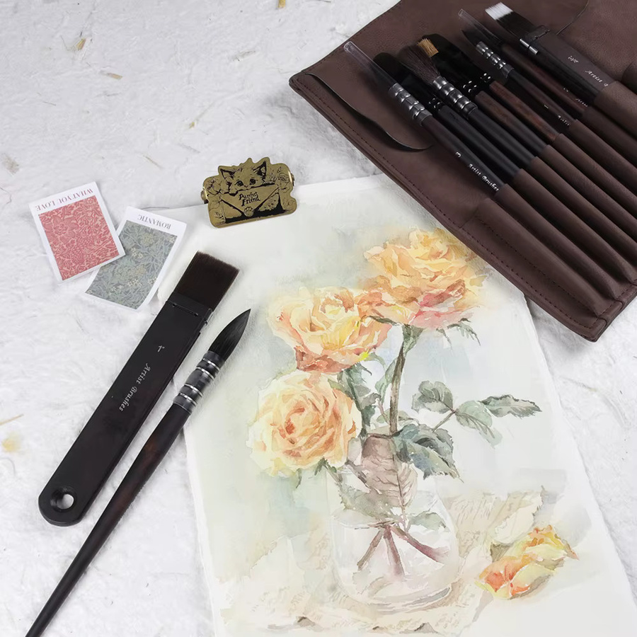 SeamiArt Künstler-Malpinsel Set aus 10 Stück mit Nylonhaar, Holzgriff und brauner Leder-Aufbewahrungstasche für Aquarellmalerei - Bild 5