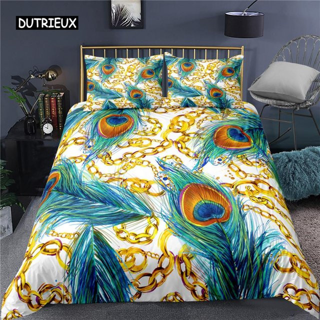 Bettwäsche-Set Binchi Outdoor Product mit Pfauenfeder und Pflaumenblüten-Dekor, 3-teilig, B/H: 150 x 200 cm, Mehrfarbig - Bild 1