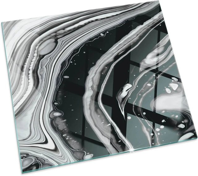 Tulup Glasplatte für Kamin mit abstraktem Wellenmuster in Schwarz und Weiß, B/T: 60 x 60 cm - Bild 1
