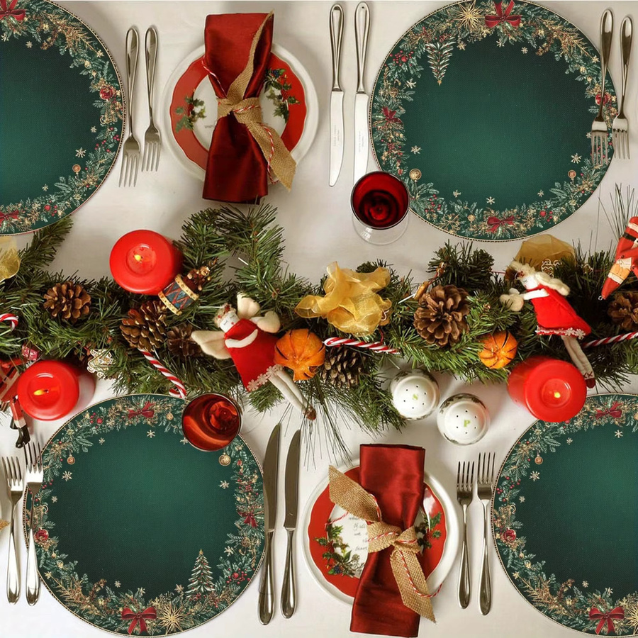 VIKAMA 4-teiliges Set Weihnachts-Tischsets in Grün mit Kiefern- und Beerenmuster, wasserdicht und hitzebeständig, rund, Durchmesser: 38 cm - Bild 3