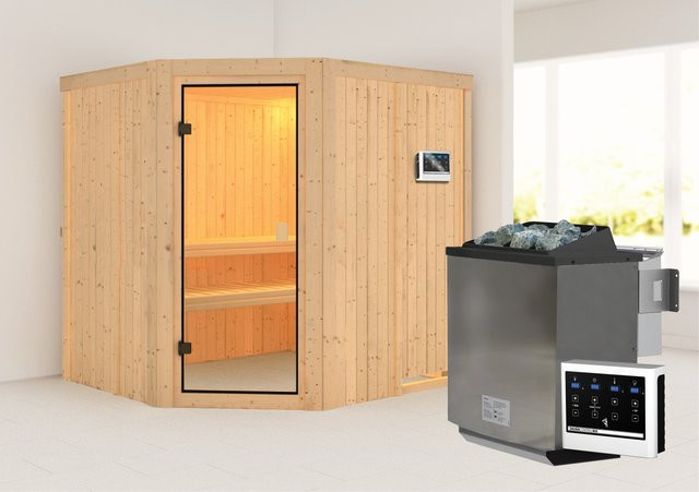 Woodfeeling Bio-Sauna Bodo aus Fichte mit 9,0 kW BioKombiofen, externem Steuergerät und bronzierter Glastür, Farbe: Braun, B/T/H: 196 x 178 x 198 cm - Bild 1