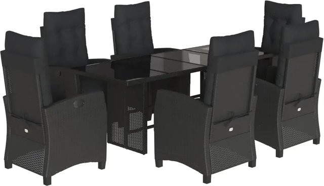 vidaXL 7-teilige Garten-Essgruppe aus schwarzem Poly-Rattan mit Kissen und Hartglas-Tischplatte - Bild 1