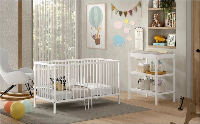 DINO Baby- und Junior Set aus massivem Buchenholz bestehend aus Babybett und Wickelregal in Weiß - Bild 1