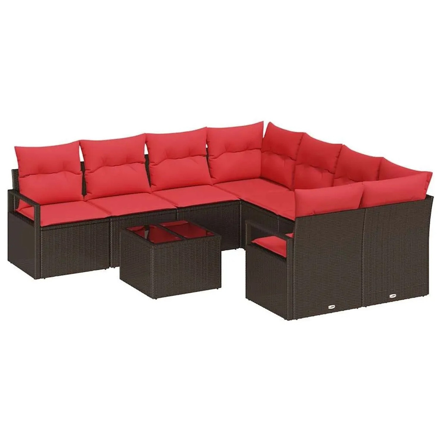 vidaXL 9-teiliges Gartenmöbel Set aus Poly Rattan in Braun und Rot mit Kissen und Tisch - Bild 2