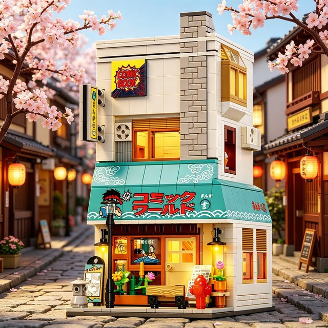 REOBRIX Buchladen-Baukasten, Japanische Straßenszene, mit Beleuchtung, 1272 Teile - Bild 1