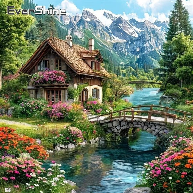 EverShine 5D DIY Diamantmalerei Haus-Landschaft mit Fluss als Stickerei-Set mit Runddiamanten und Vollquadrat-Mosaik für handgemachte Bastelprojekte - Bild 1