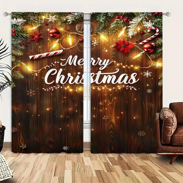 2er-Set Weihnachts Vorhänge mit Frohe Weihnachten Aufdruck in Braun, halbtransparent, B: 52,5 cm, H: 116 cm - Bild 1