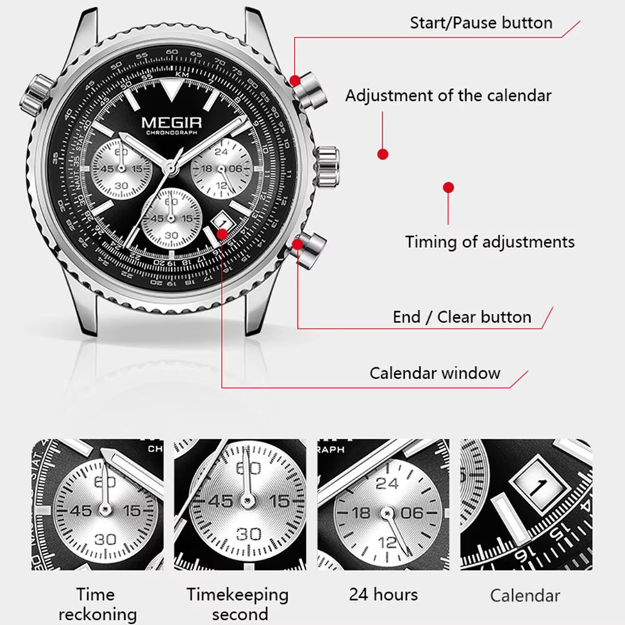 MEGIR Armbanduhr Chronograph, Quarz, Silikon, Schwarz, Herren - Bild 5