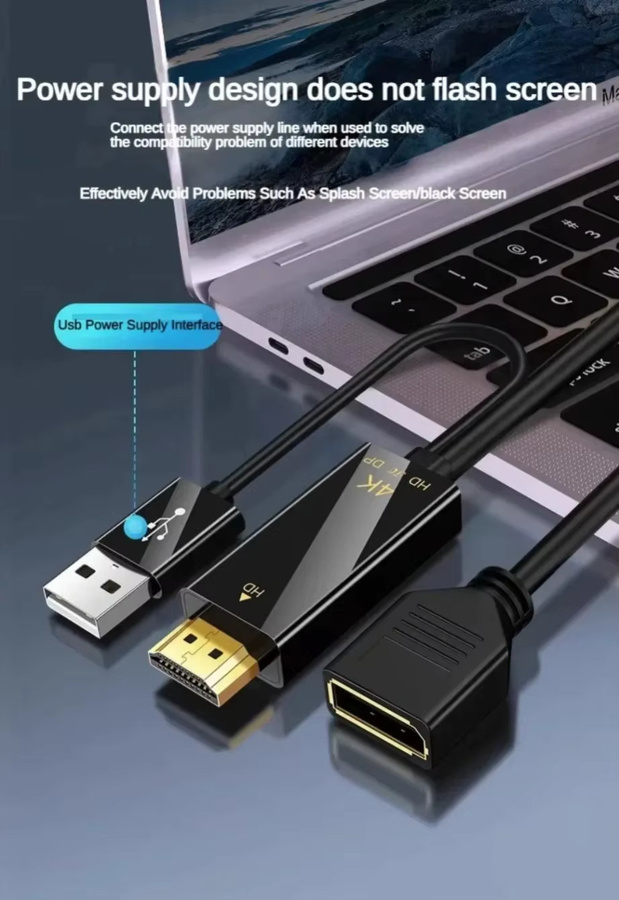 TABLLYUGE DisplayPort auf HDMI Konverterkabel in Schwarz mit USB-Stromversorgung für 4K UHD @60Hz, kompatibel mit PC, Laptop und Xbox - Bild 4