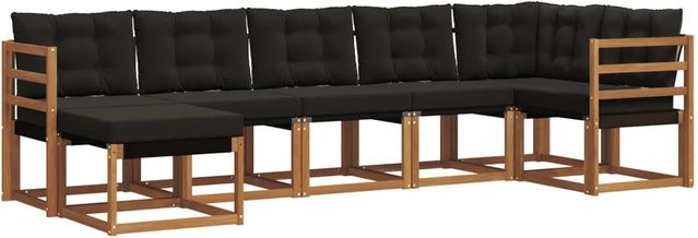 vidaXL Outdoor-Sofagarnitur 7-teilig aus Akazienholz und Textilene in Natur und Schwarz mit Kissen und Armlehnen - Bild 1