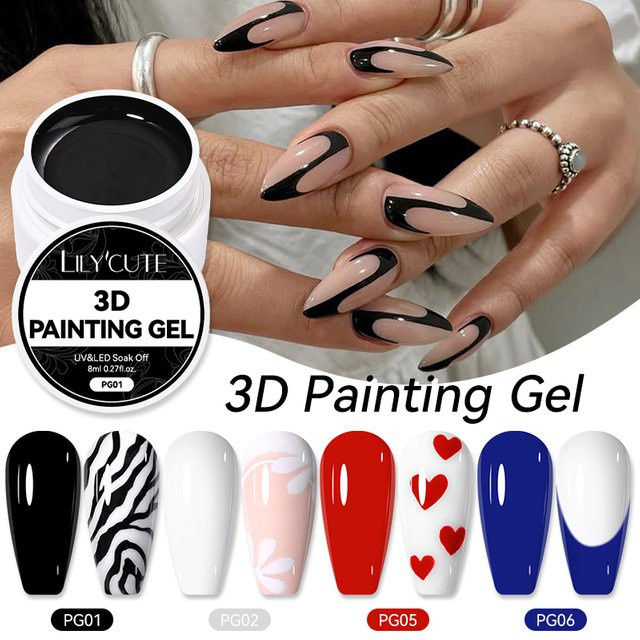 LILYCUTE Nagel Gel, 8 ml, Weiß Schwarz, 3D Malerei, Semi Permanent - Bild 1
