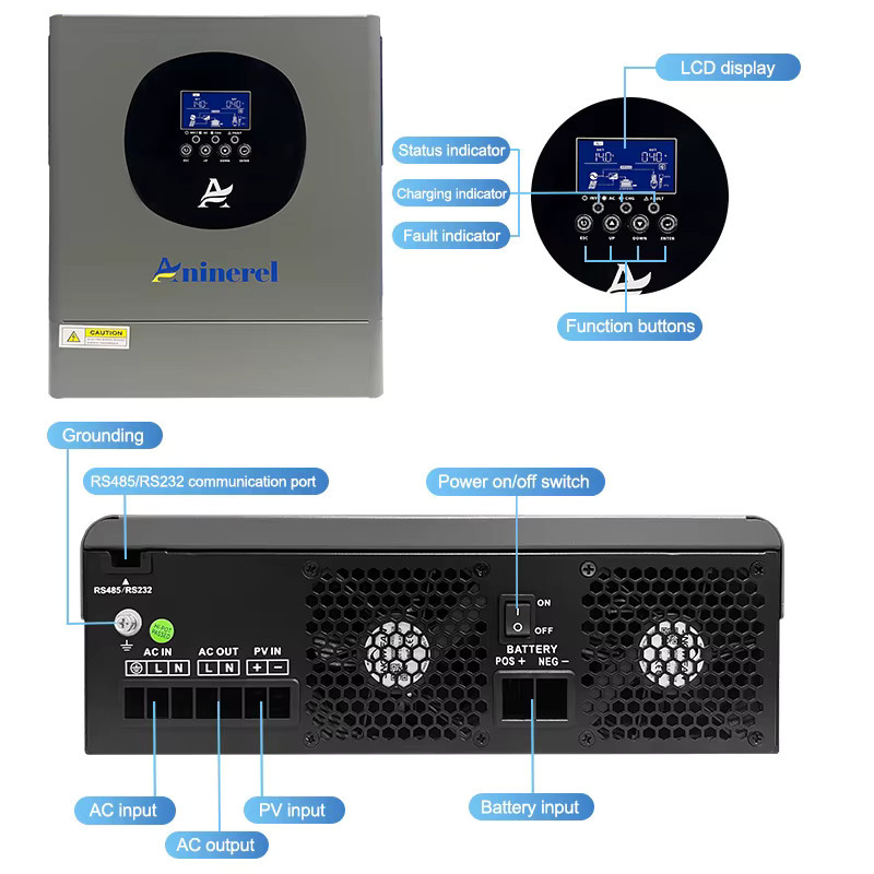 Aninerel Hybrid-Wechselrichter mit MPPT Solarladeregler in Grau, 2KW/4KW, 12V/24V, 220V, 60A/120A, PV 160VDC-500VDC - Bild 3