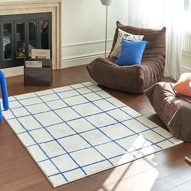 VIKAMA Teppich im koreanischen Plaid-Design für Wohnzimmer und Schlafzimmer, Weiß-Blau, 120 x 160 cm - Bild 1