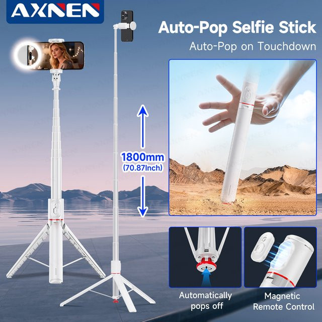 Axnen Selfie-Stick-Stativ in Weiß mit Bluetooth-Gimbal und magnetischer Fernbedienung, tragbares All-in-One Smartphone-Stativ, Höhe: 177,8 cm - Bild 1