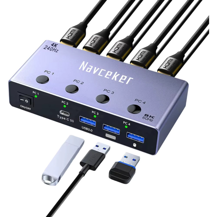 Navceker 4K 240Hz HDMI KVM Switcher mit 4 Ports für 4 PCs, 8K USB Docking Station zum Teilen von Monitor, Maus und Tastatur - Bild 6