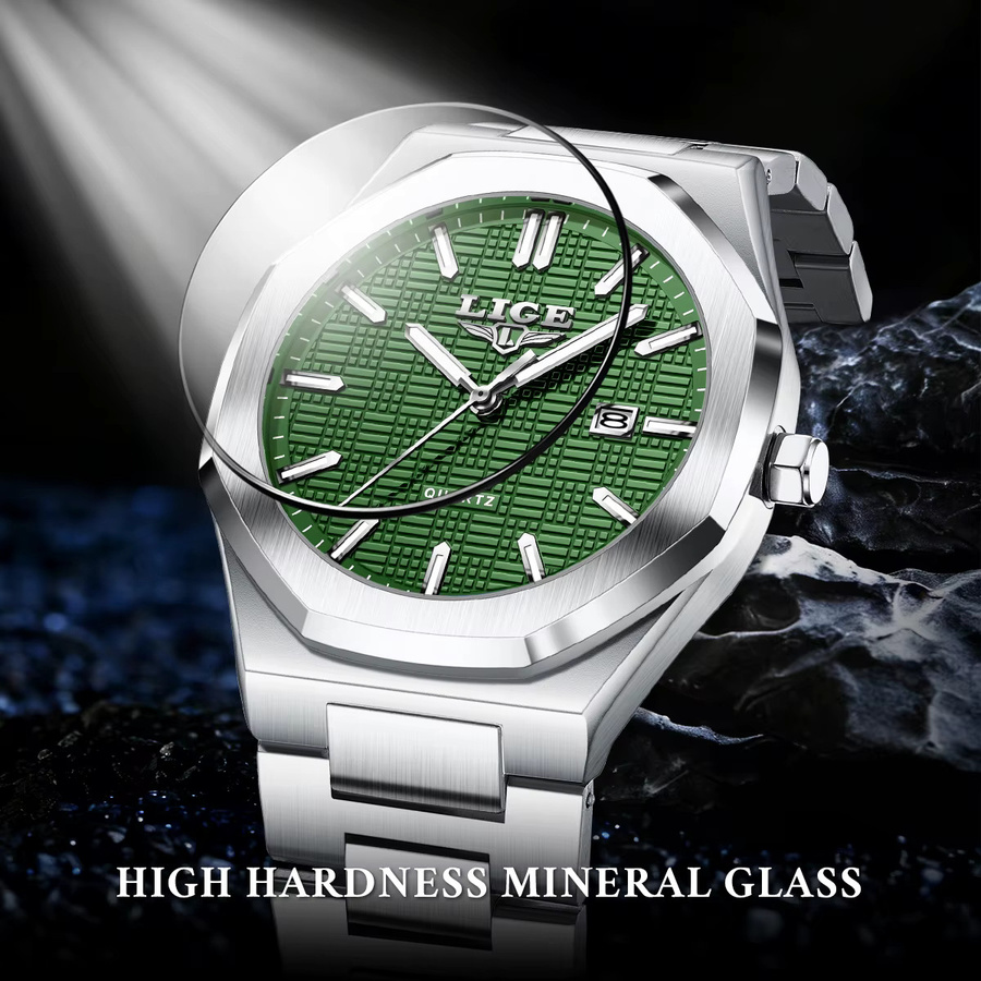 LIGE Armbanduhr Edelstahl, Quarz, Eckig, Silber, Grün, Herren - Bild 4