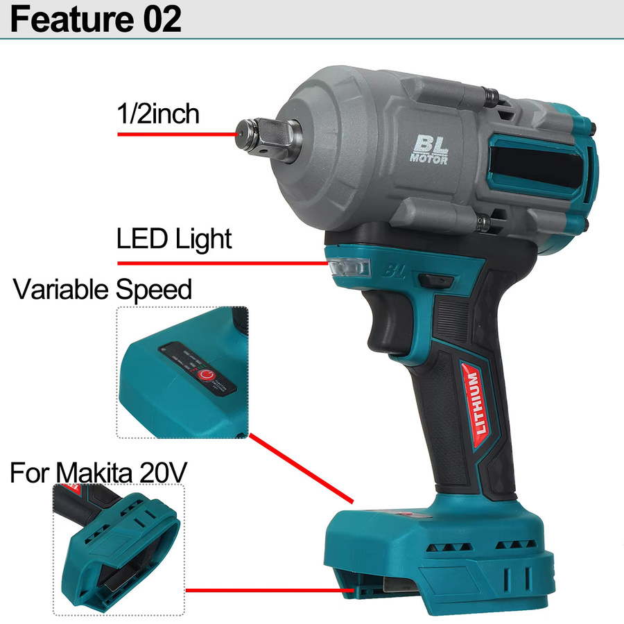 Makita Bürstenloser kabelloser Schlagschrauber mit 800 N.m Drehmoment und 1/2 Zoll Aufnahme für Makita LXT Akkus - Bild 2