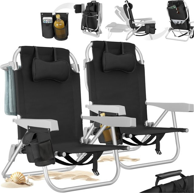 tectake Aluminium Strandstuhl 2er Set Schwarz, klappbar mit Rucksackfunktion, verstellbarer Rückenlehne, Kopfpolster, Kühltasche und Aufbewahrungstasche, B/T/H: 101 x 63 x 78 cm - Bild 1