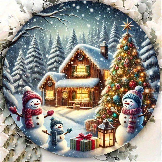 HELLOYOUNG Rundes Metallschild Weihnachtsschneemann und Baum zur Wanddekoration, Durchmesser: 20,3 cm - Bild 1