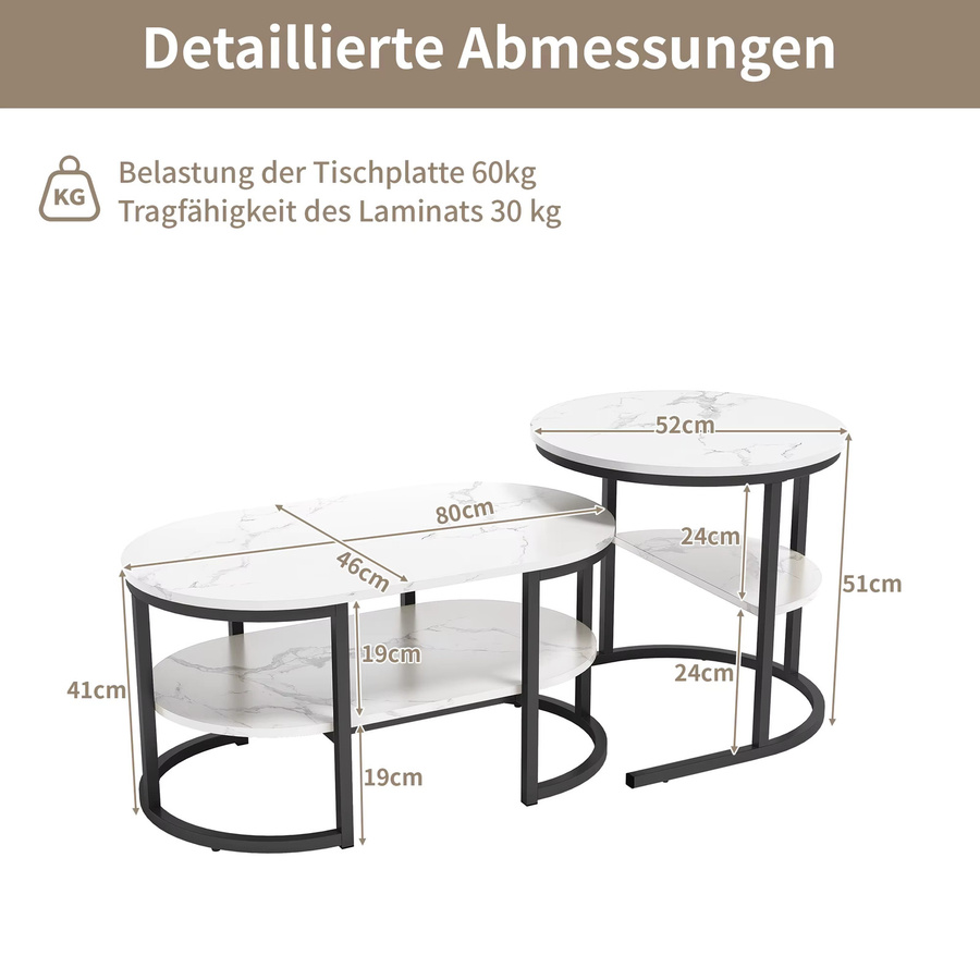 Superaly Couchtisch-Set mit 2 Tischen in Marmor-Optik, moderner 2-in-1 Sofatisch mit Stauraum, rund und oval, Schwarz und Weiß - Bild 5