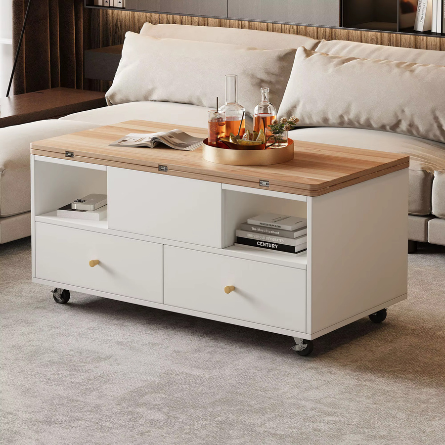 Okwish Couchtisch mit Klappfunktion, 4 Schubladen und Höhenverstellung in Weiß - Bild 3
