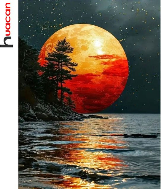 Huacan Seaside Night Diamant-Gemälde Landschaft 5D-DIY Mosaik-Set mit runden Bohrern in Multicolour B/H: 30,0 x 20,0 cm - Bild 1
