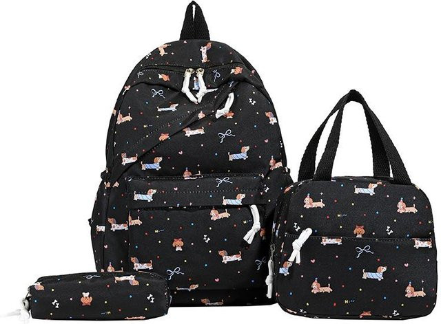 Fancy Style Studio Kawaii Dackel Schultaschen-Set in Schwarz mit Rucksack, Handtasche und Federmäppchen - Bild 1
