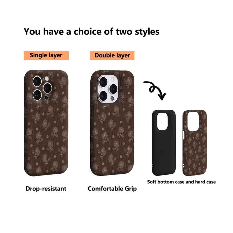 Handyhülle mit brauner Blumenstickerei für Apple iPhone 11 bis iPhone 17 Pro Max Plus mit doppelschichtiger Rückseite - Bild 3
