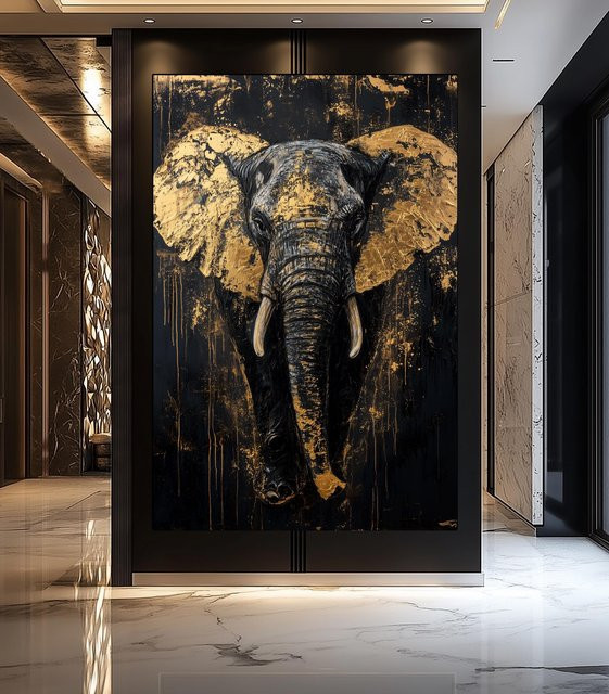 Potdemiel Leinwandbild mit Tierdruck Fuchs Elefant Adler in Schwarz-Gold, Abstraktes Modernes Poster zur Wanddekoration - Bild 1