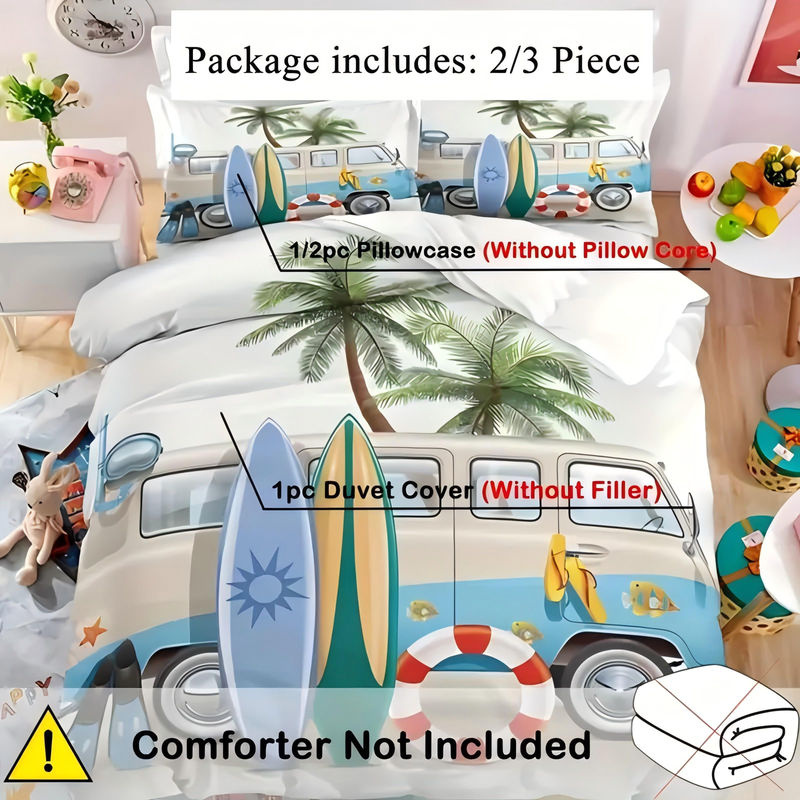 JMG Household Supplies Bettbezug-Set mit Kissenbezug Bus Surfbrett Palmenmuster Beige B/T/H: 135 x 200 cm - Bild 3