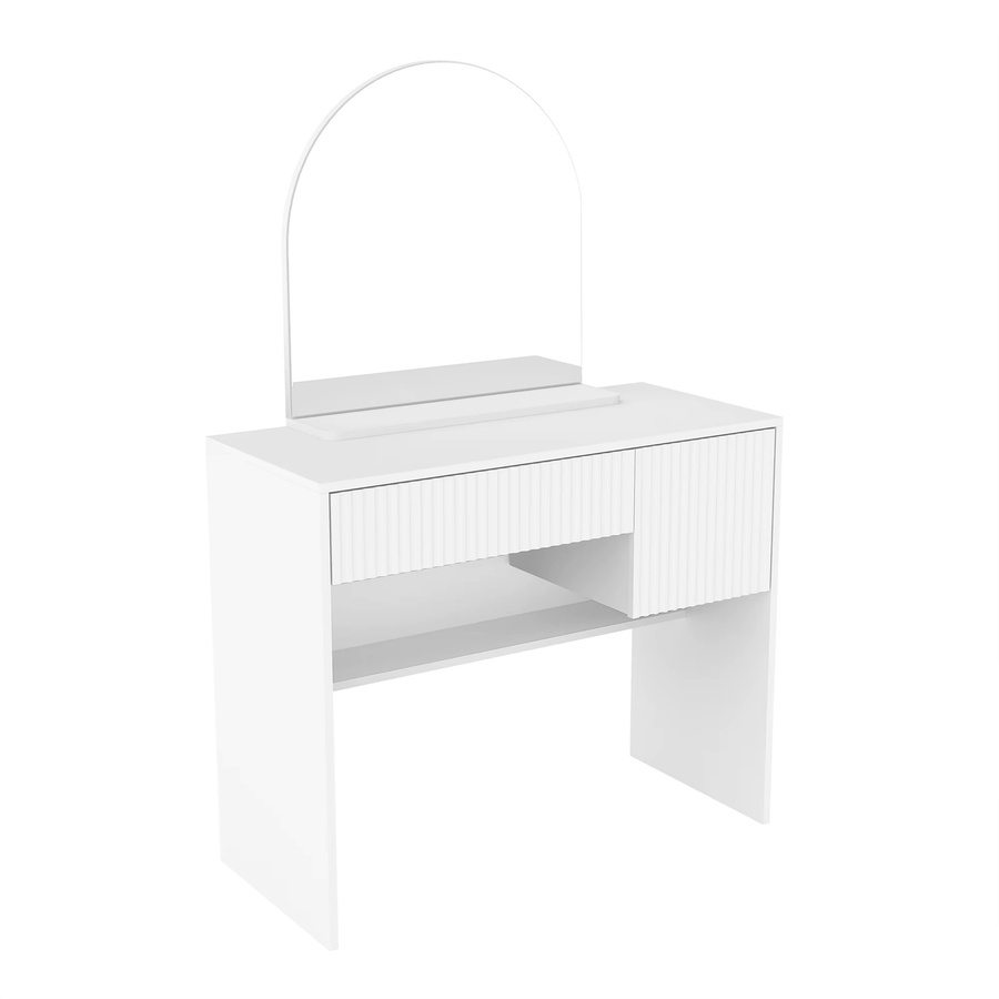 Moderner Schminktisch Svintora in Weiß mit gewölbtem Spiegel, 2 Schubladen und offenen Regalen aus MDF, H135 x B90 cm - Bild 2