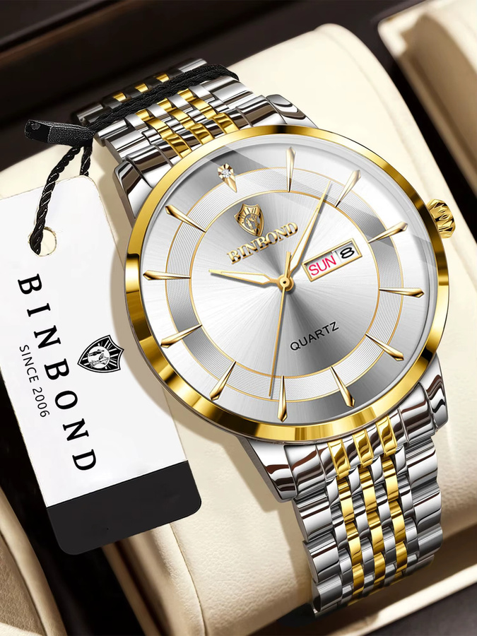 BINBOND Armbanduhr Quarz, Edelstahl, Bicolor, Datum, Wochentag, Herren - Bild 7