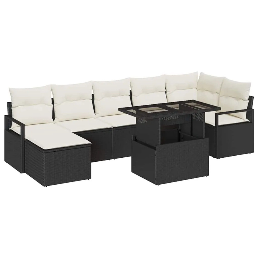 vidaXL Garten-Sofa-Set 8-tlg. mit Kissen in Schwarz und Beige, modernes L-Shape Lounge-Set für Terrasse und Balkon mit Eckelement, Ottoman und Couchtisch - Bild 2