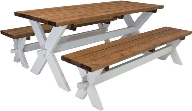 Axi Picknicktisch Celine mit Bänken aus Fichtenholz in Braun und Weiß im Retro-Design B/T/H: 177 x 75 x 75 cm - Bild 1