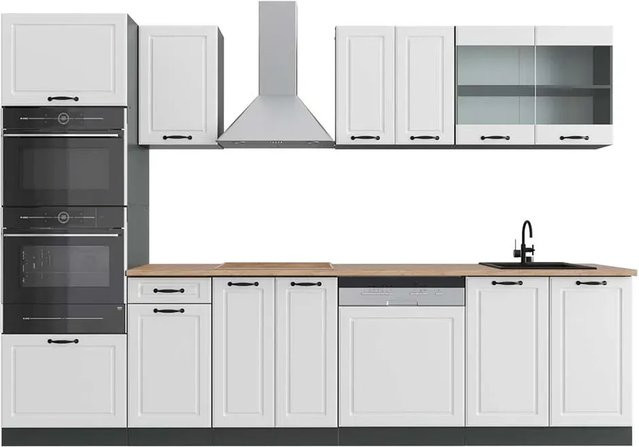 Vicco R-Line Küchenzeile Landhaus Stil in Weiß und Anthrazit mit Hochschrank Eiche, Breite: 300 cm - Bild 1