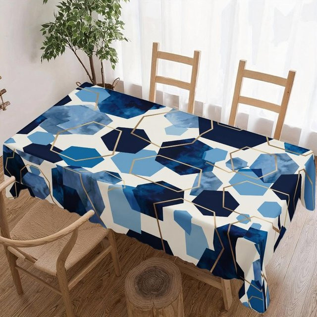 Wasserdichte und waschbare quadratische Tischdecke von JINGYUE Pet mit geometrischem Grafikmuster in Blau, B/B: 140 x 140 cm - Bild 1