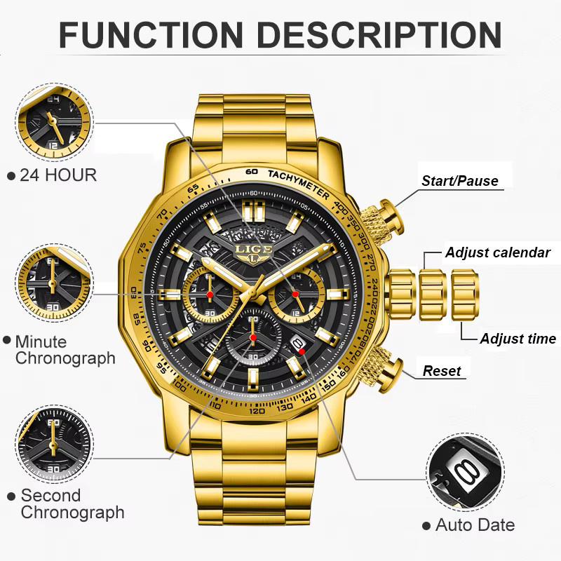 LIGE Chronograph Armbanduhr, Quarz, Edelstahl, Gold, Herren - Bild 3
