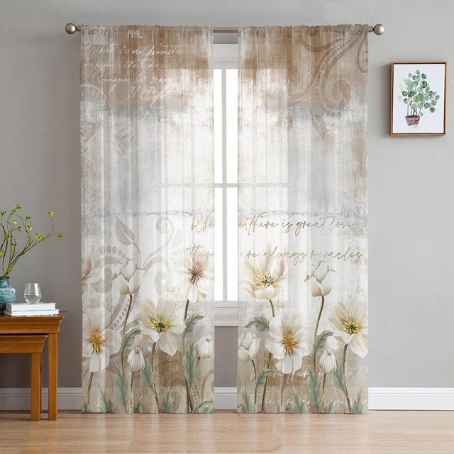 A Family Of Home Textiles Transparenter Tüll-Vorhang mit floralem Vintage-Blumenmuster in Weiß, B: 135 cm, H: 114 cm - Bild 1