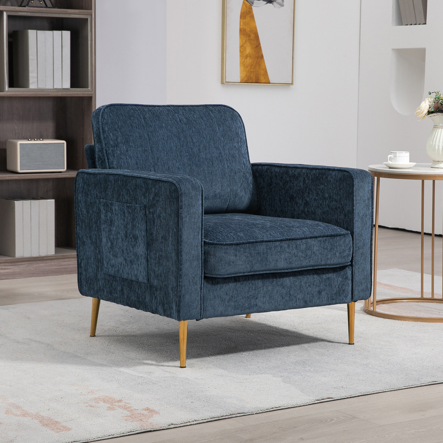 Aosom HOMCOM Wohnzimmersessel Blau mit goldenen Stahlbeinen und Seitentaschen - Bild 2