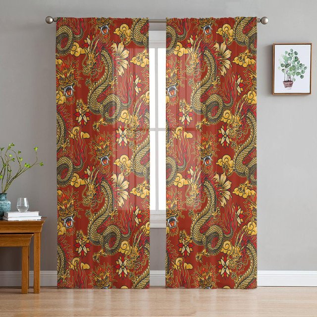 Transparente Organza-Vorhänge mit chinesischem Drachenmuster in Weiß, Breite: 135 cm, Höhe: 115 cm - Bild 1