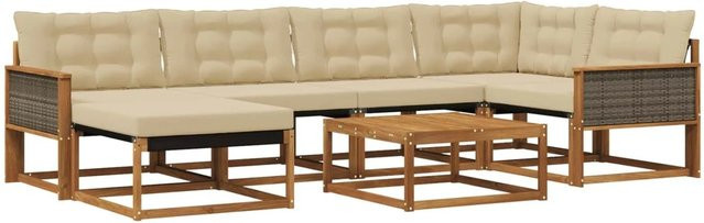 vidaXL Outdoor-Sofagarnitur aus Massivholz Akazie und Textilene in Natur und Beige, 7-teiliges L-Shape Set mit UV-beständigen Polstern - Bild 1