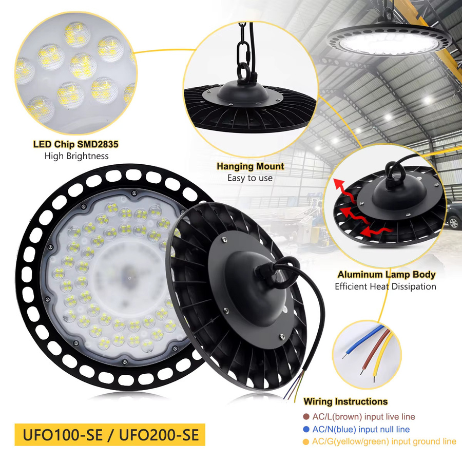 Green Wisdom UFO LED Hallenleuchte Schwarz, Wasserdichte Industrie-Pendelleuchte für Innen- und Außenbereich - Bild 3