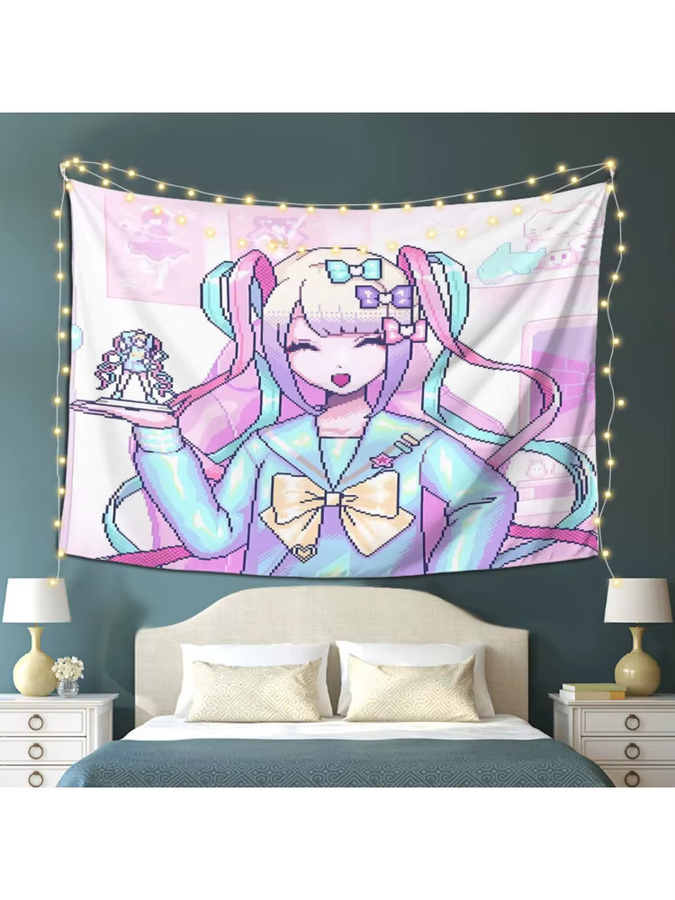 VIKAMA Pixel-Style Super Girl Wandteppich in Rosa und Lila als Anime Raumdekoration - Bild 3